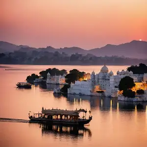 Udaipur travel banner featuring the illuminated City Palace at twilight. Text: Udaipur tour packages starting at just ₹6,875.