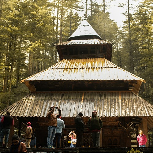 Snow-covered landscapes and pine forests in Manali, promoting adventure sports and group tour packages.